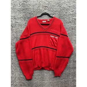 Vintage Koman Striped V-Neck Knitted  Pullover Sweater Red Womens Size L